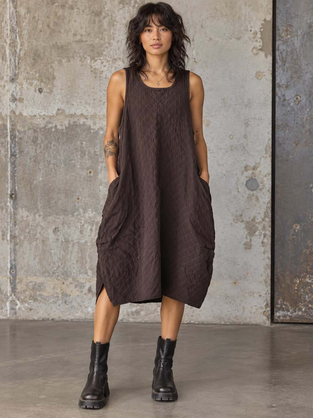 Draped Dress Brown Sleeveless Quilted Midi, M/L